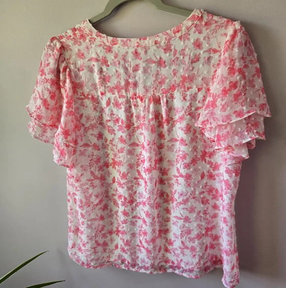 Skies Are Blue Pink Floral Swiss Dot Ruffle Sleeve Blouse - Size Small - Picture 2 of 7
